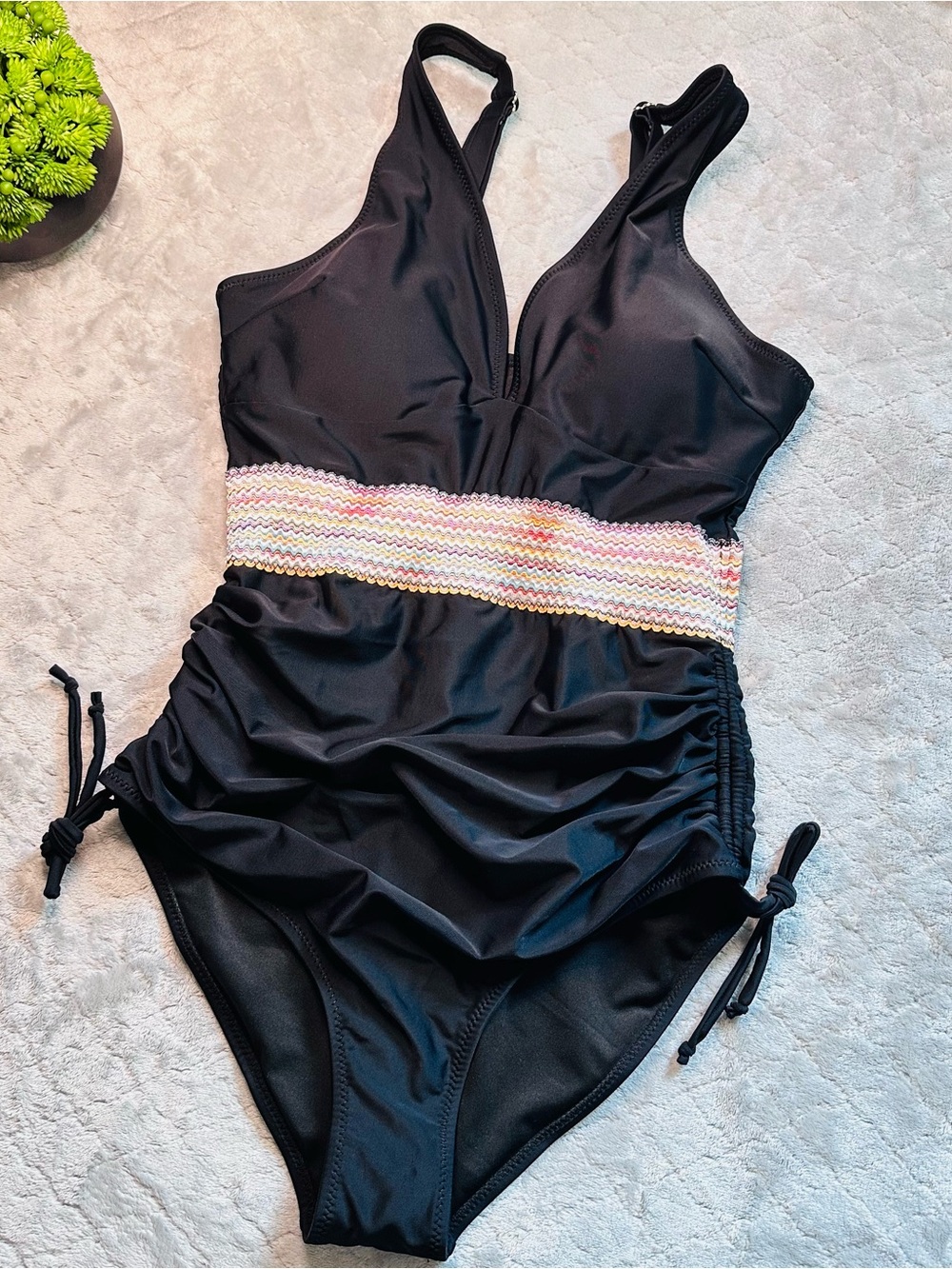 Coastal Boho Black One Piece Swimsuit Blooming Jelly Ruched M